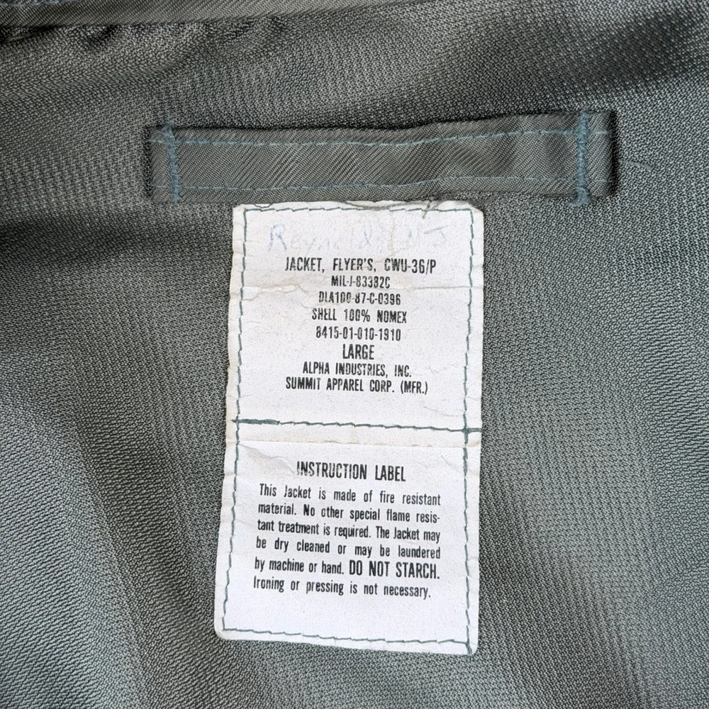 VTG 80s Alpha Industries CWU-36/P Flyers Jacket Mens Large Military Bomber Green